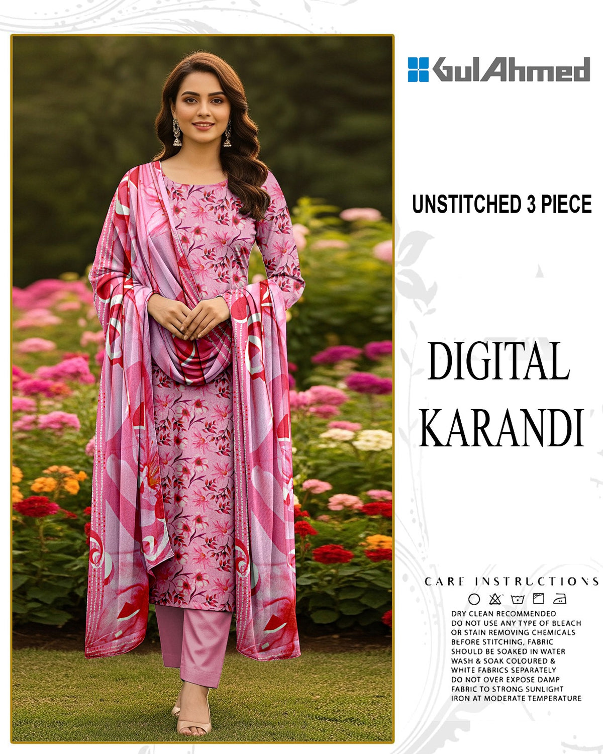 GUL AHMED 3-PIECE PRINTED KARANDI WITH DYED TROUSER