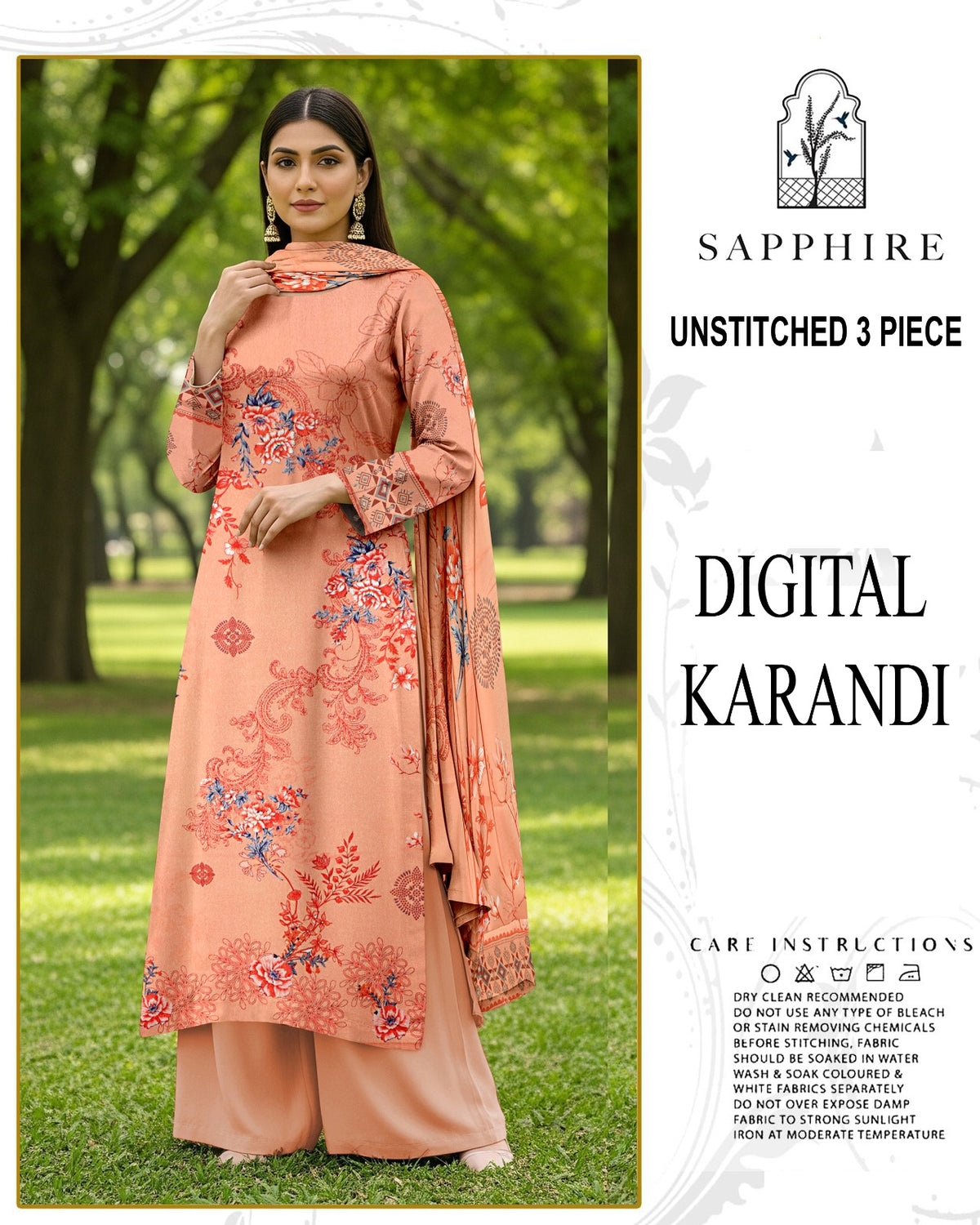 SAPPHIRE 3-PIECE PRINTED KARANDI WITH DYED TROUSER