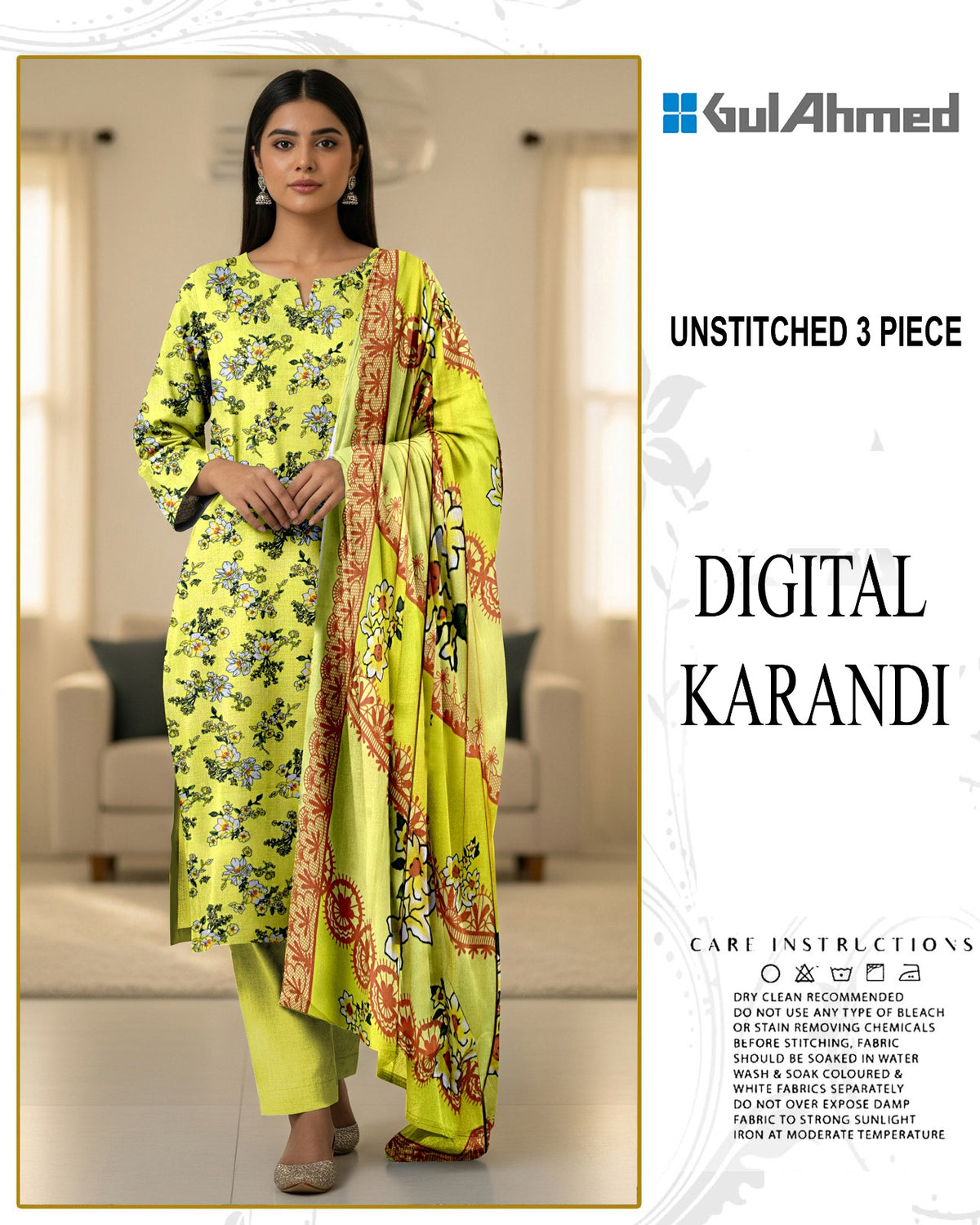 GUL AHMED 3-PIECE PRINTED KARANDI WITH DYED TROUSER