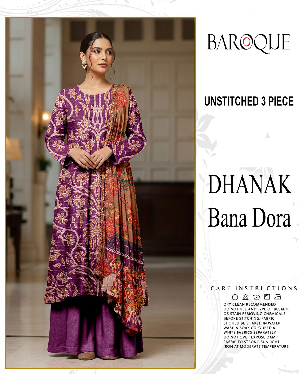 BAROQUE 3-PIECE DIGITAL PRINTED DHANAK BANA DORA UNSTITCHED
