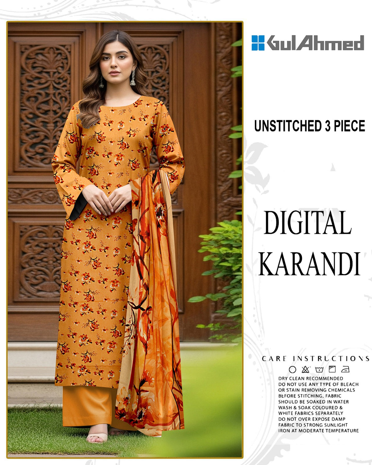 GUL AHMED 3-PIECE PRINTED KARANDI WITH DYED TROUSER