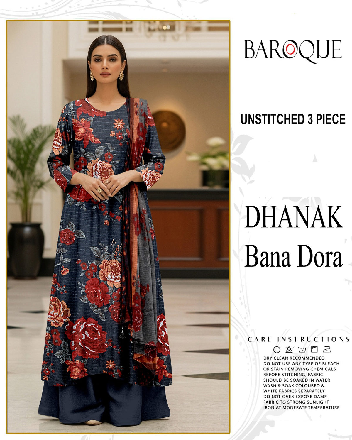 BAROQUE 3-PIECE DIGITAL PRINTED DHANAK BANA DORA UNSTITCHED