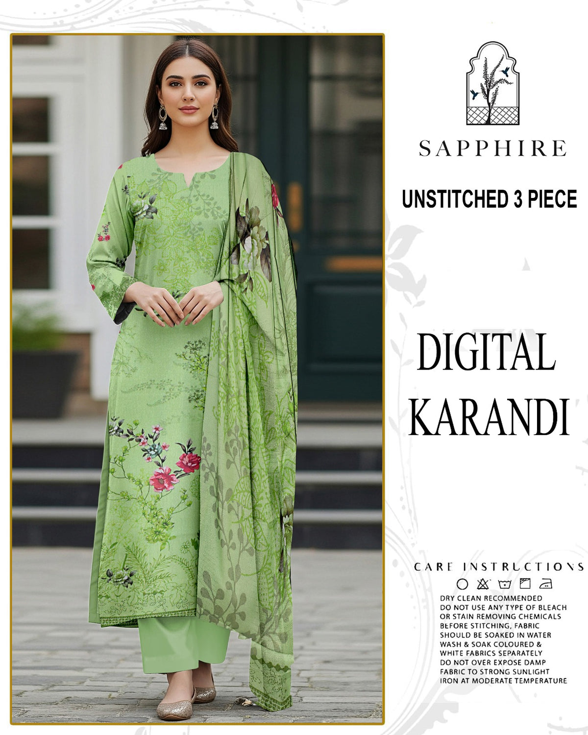 SAPPHIRE 3-PIECE PRINTED KARANDI WITH DYED TROUSER