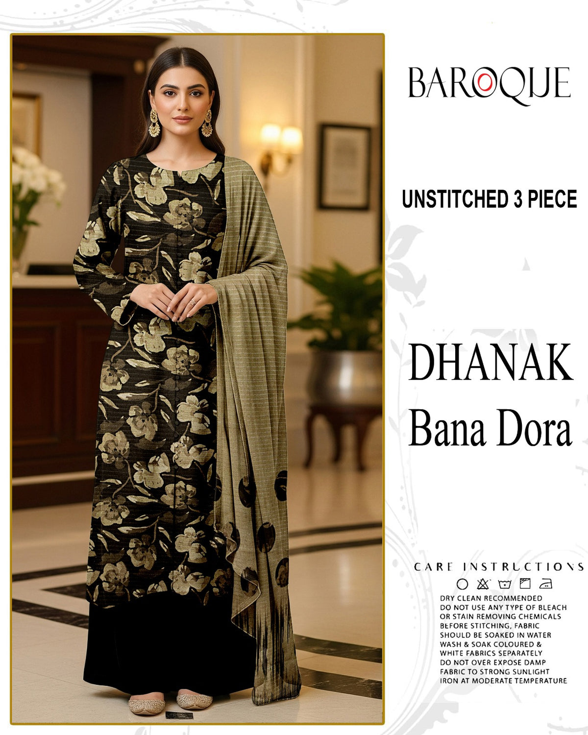 BAROQUE 3-PIECE DIGITAL PRINTED DHANAK BANA DORA UNSTITCHED