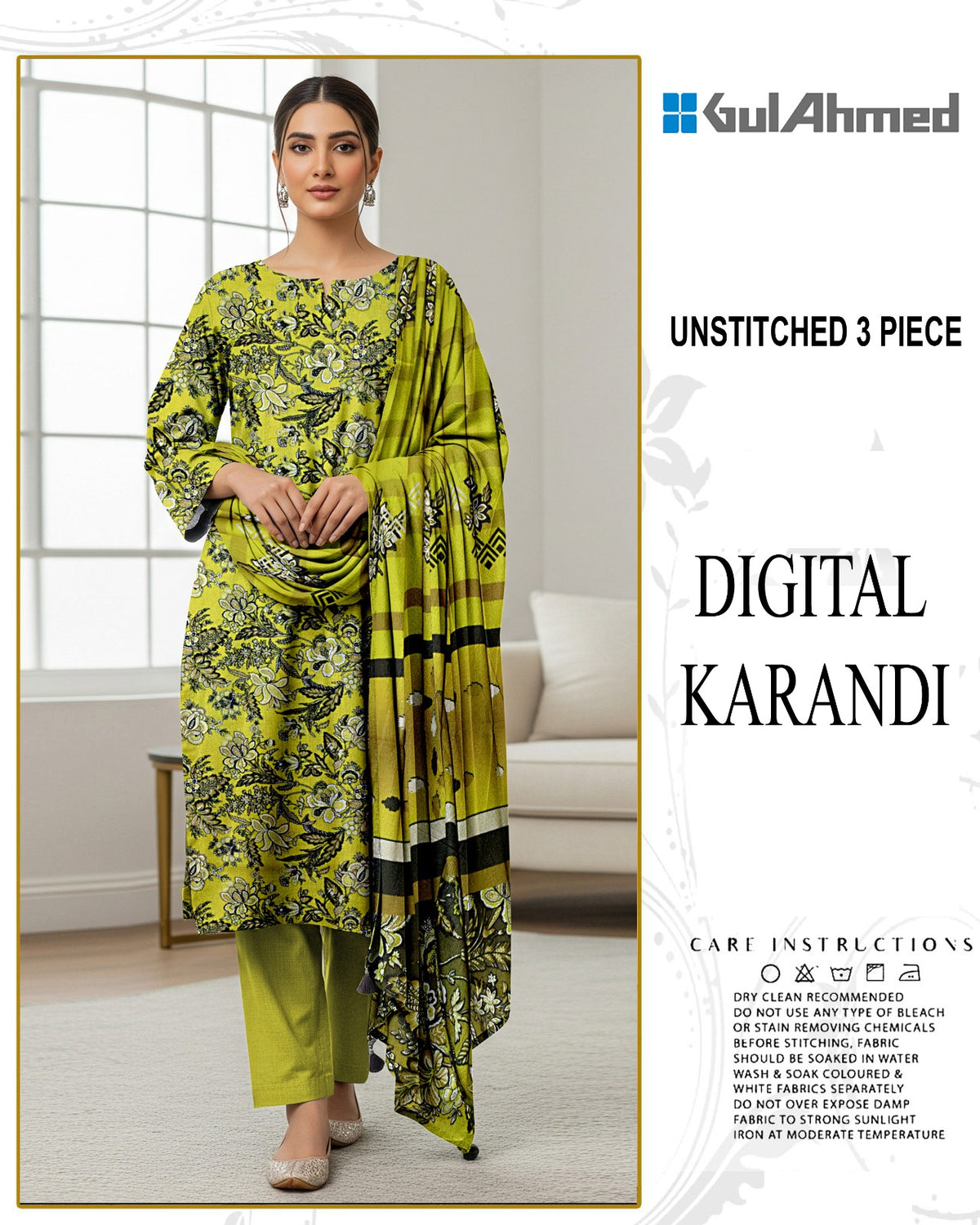 GUL AHMED 3-PIECE PRINTED KARANDI WITH DYED TROUSER
