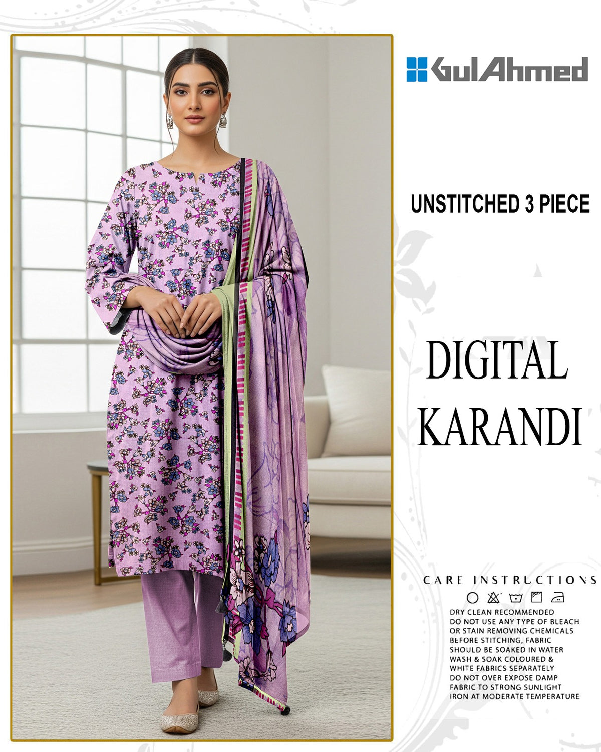 GUL AHMED 3-PIECE PRINTED KARANDI WITH DYED TROUSER