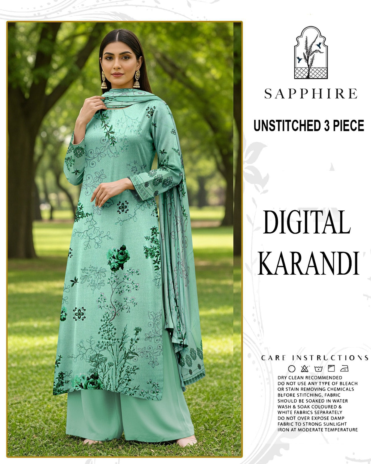 SAPPHIRE 3-PIECE PRINTED KARANDI WITH DYED TROUSER