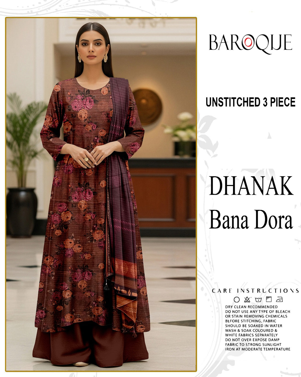 BAROQUE 3-PIECE DIGITAL PRINTED DHANAK BANA DORA UNSTITCHED